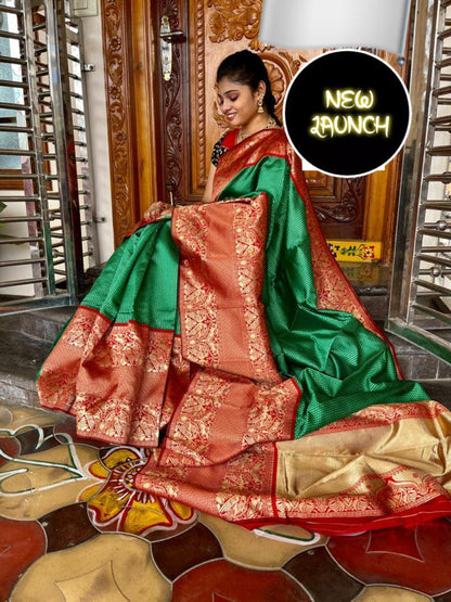 Pure Green Colour Paithani Saree With Maroon Worked Blouse