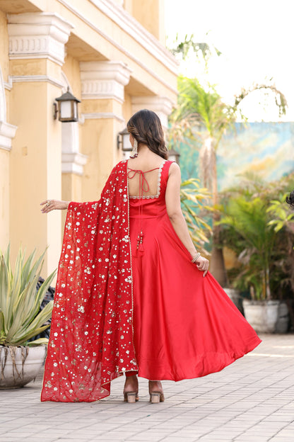 Red Flared Gown with Embroidered Dupatta