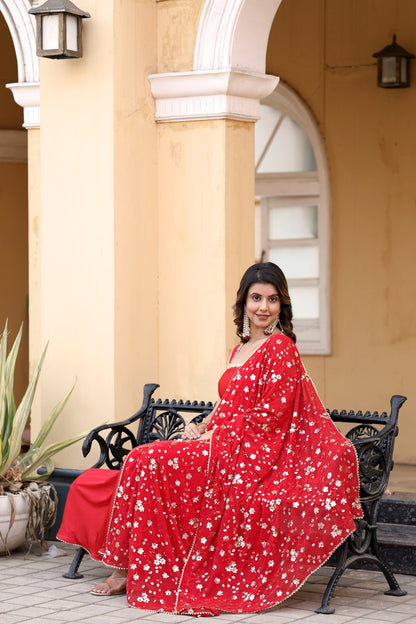 Red Flared Gown with Embroidered Dupatta