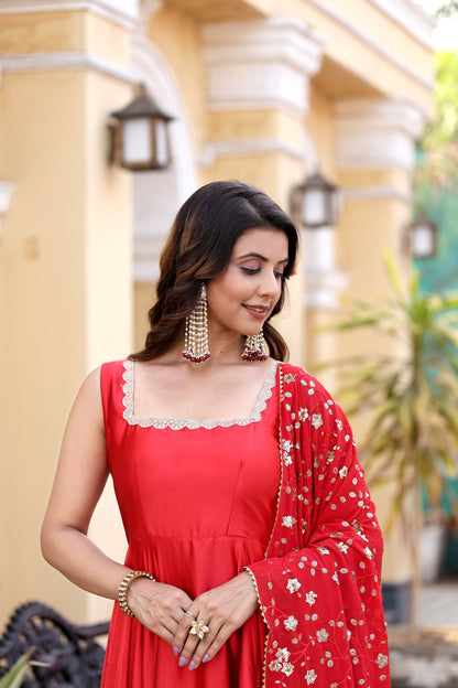 Red Flared Gown with Embroidered Dupatta