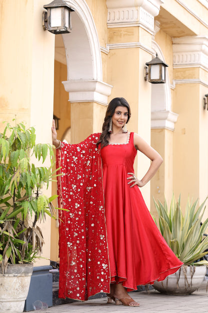 Red Flared Gown with Embroidered Dupatta