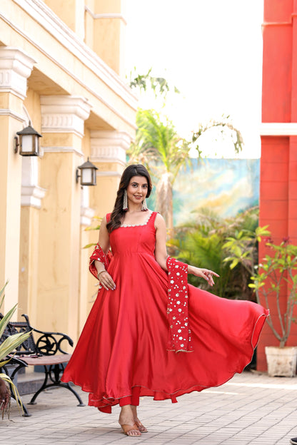 Red Flared Gown with Embroidered Dupatta