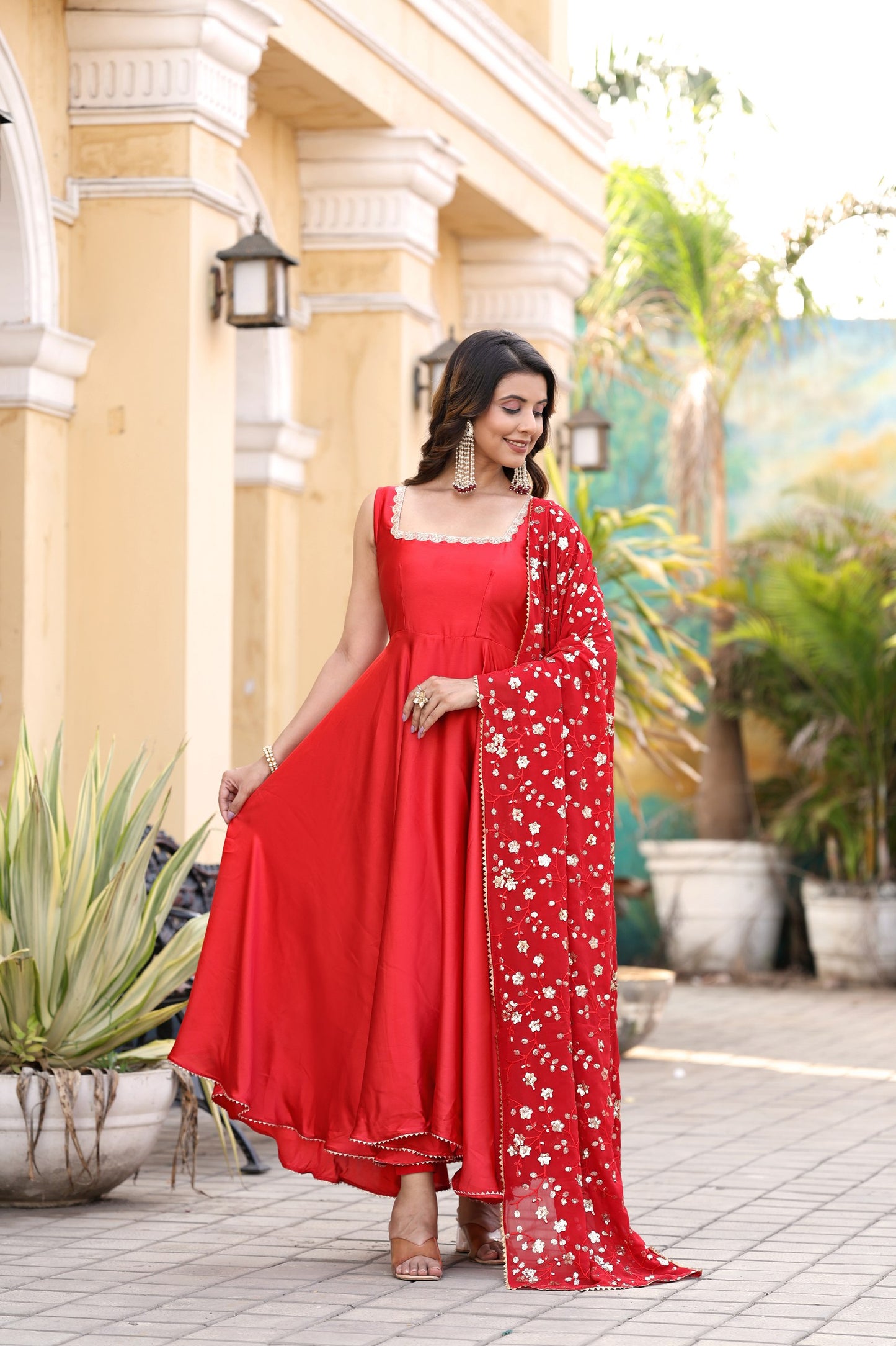 Red Flared Gown with Embroidered Dupatta