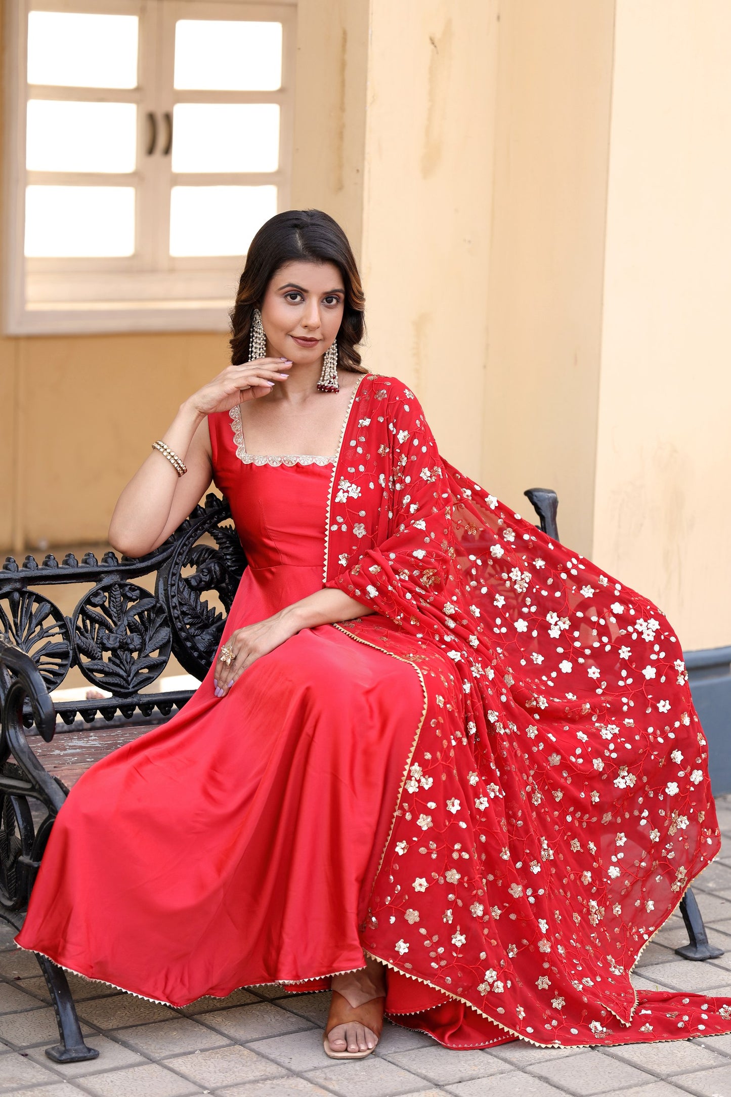 Red Flared Gown with Embroidered Dupatta