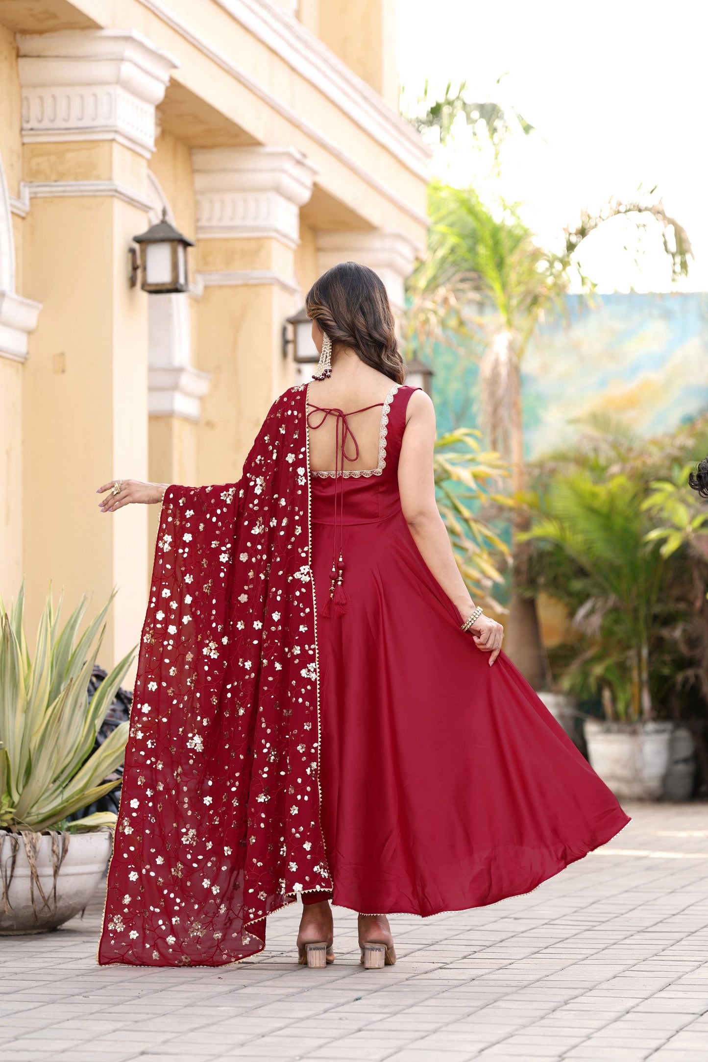 Red Flared Gown with Embroidered Dupatta