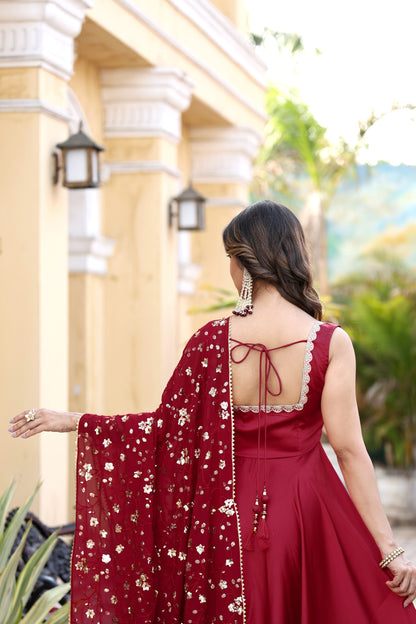 Red Flared Gown with Embroidered Dupatta