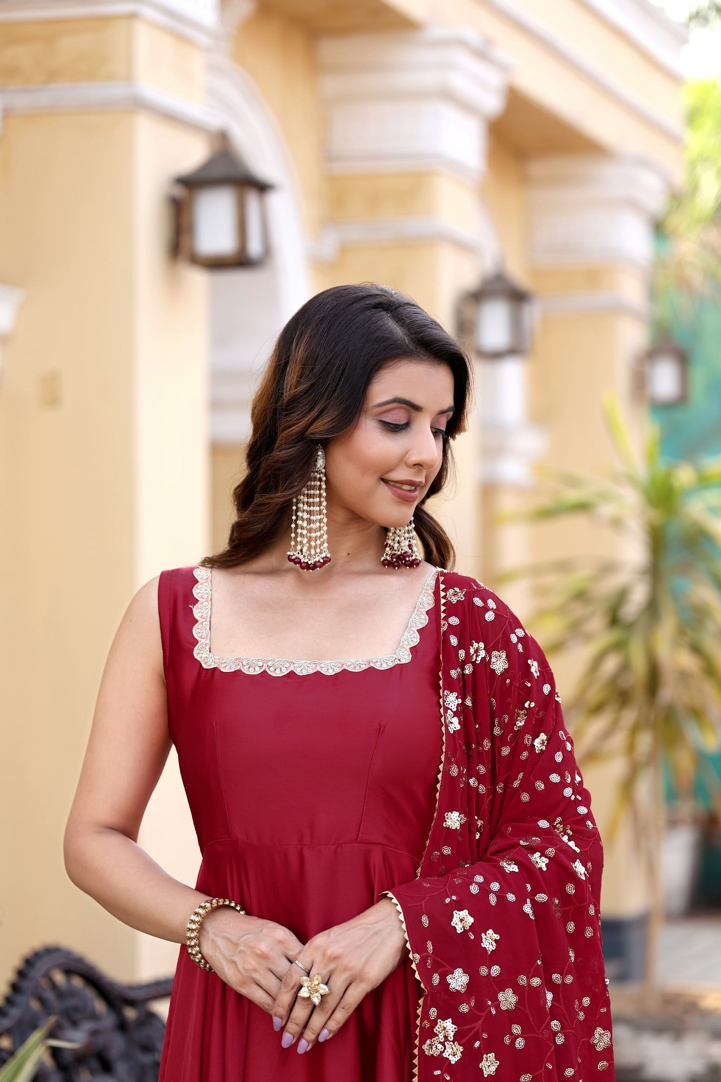 Red Flared Gown with Embroidered Dupatta