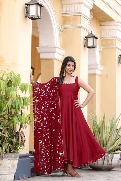 Red Flared Gown with Embroidered Dupatta