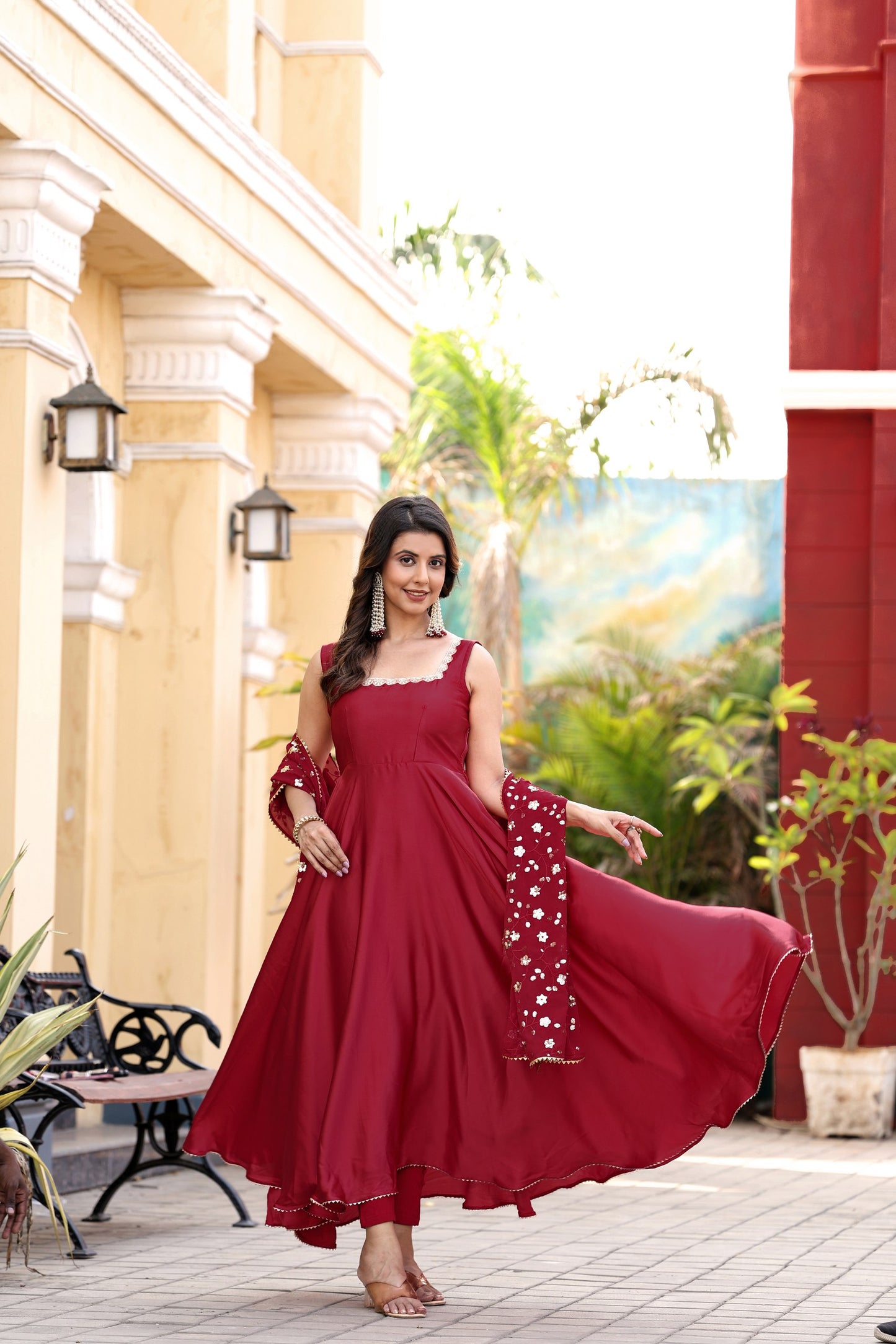 Red Flared Gown with Embroidered Dupatta