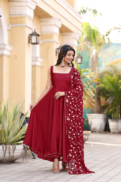 Red Flared Gown with Embroidered Dupatta