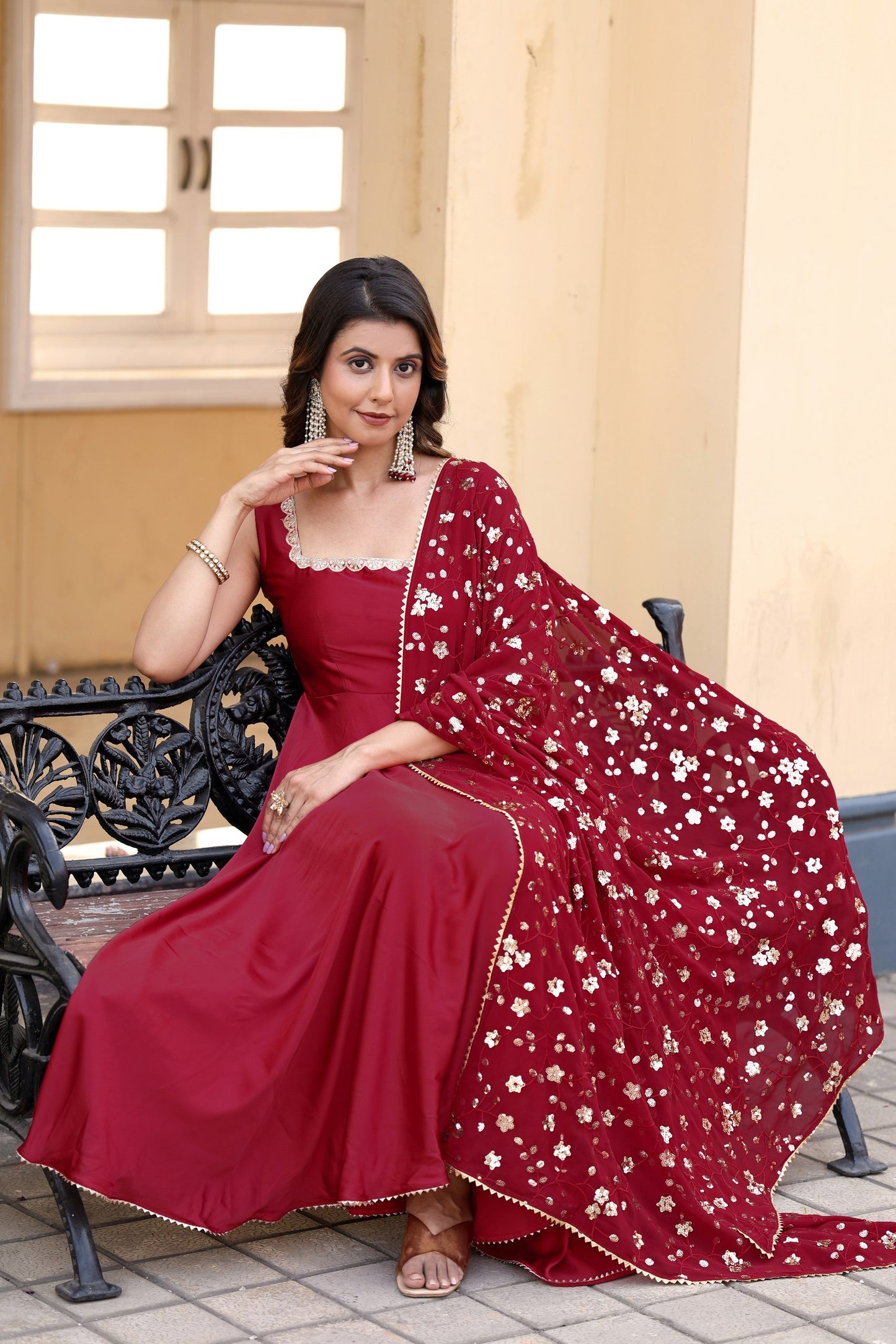 Red Flared Gown with Embroidered Dupatta