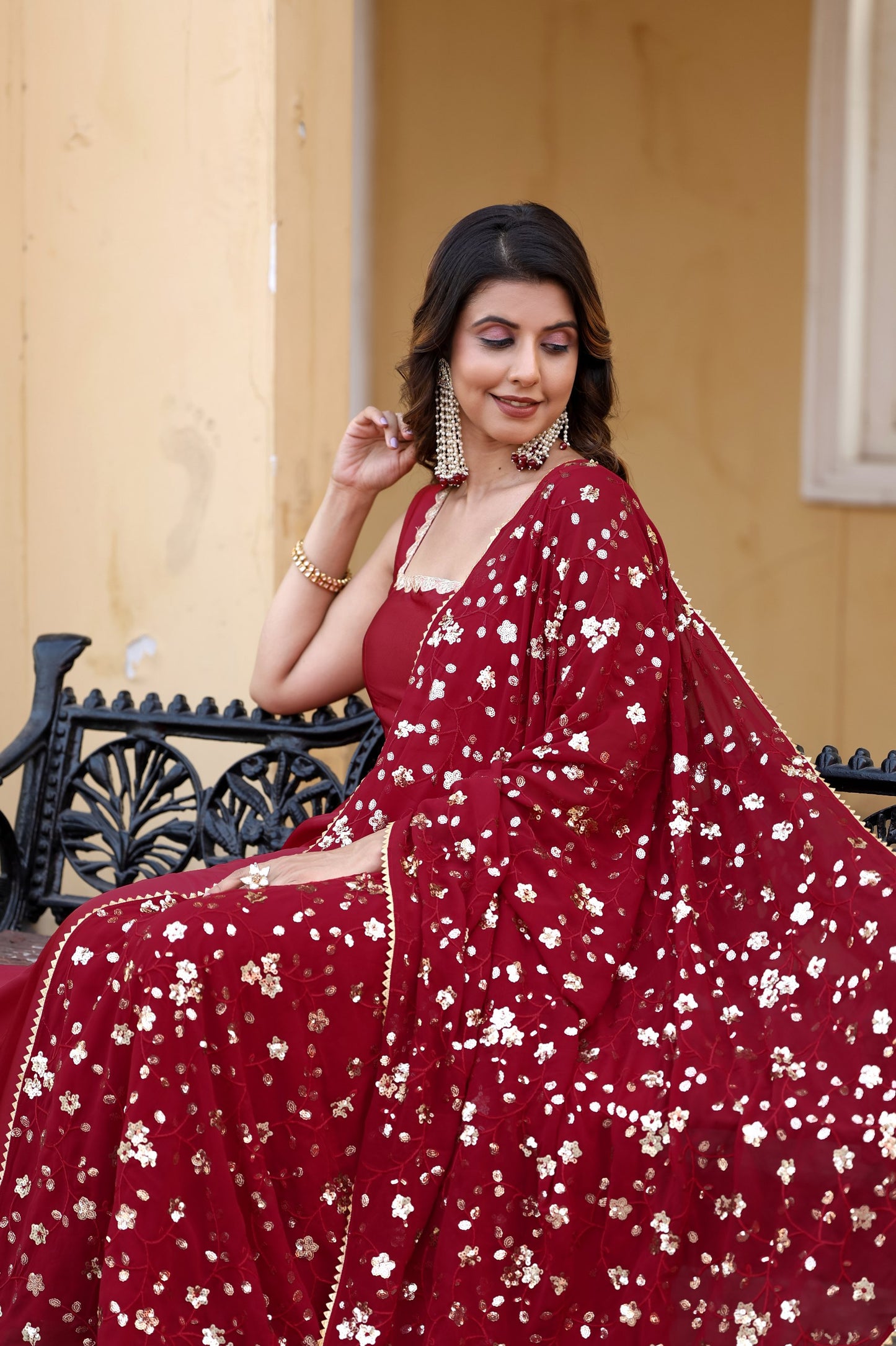 Red Flared Gown with Embroidered Dupatta