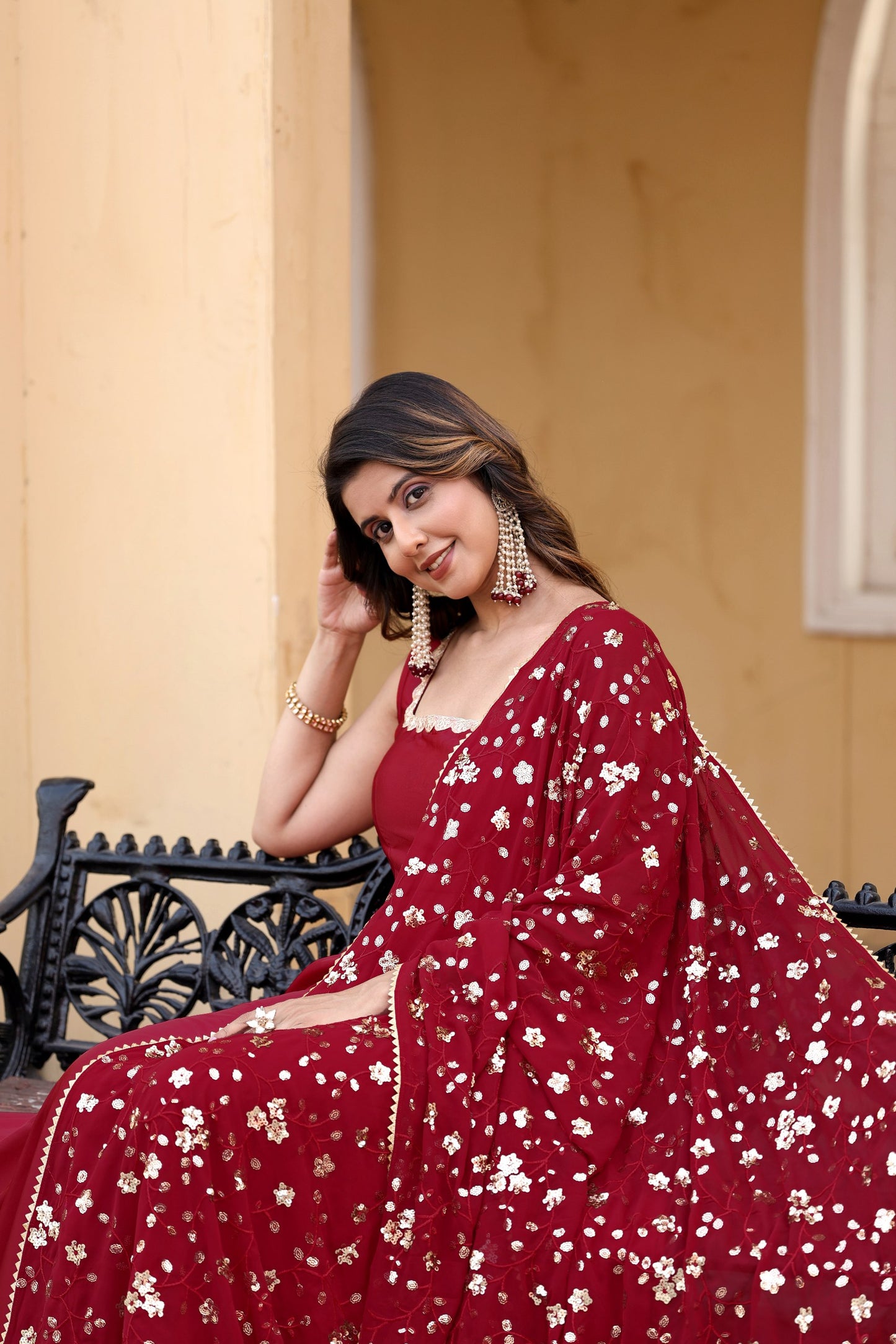 Red Flared Gown with Embroidered Dupatta