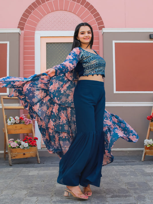 Embroidered Choli with Printed Shrug and Sharara Set – Teal Blue