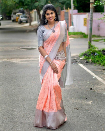 Poetry Pink with Gray Tissue Silk Zari Woven Saree