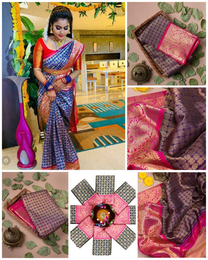 Violet & Pink Golden Zari Woven Soft Lichi Silk Cloth Saree With Blouse