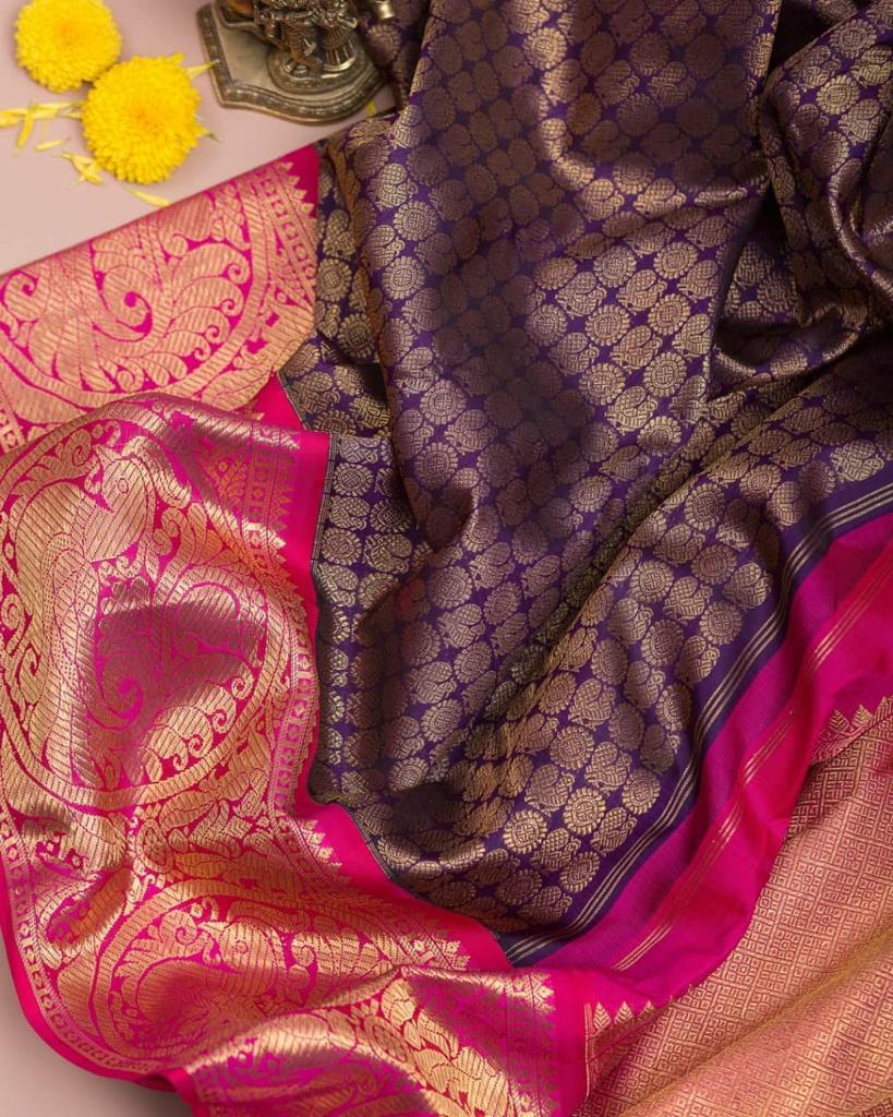 Violet & Pink Golden Zari Woven Soft Lichi Silk Cloth Saree With Blouse