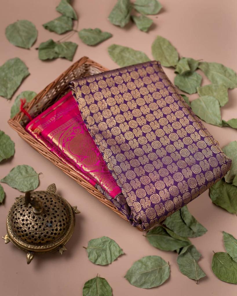 Violet & Pink Golden Zari Woven Soft Lichi Silk Cloth Saree With Blouse