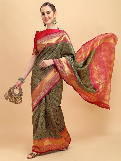 Lime Green Pure Dola Silk Designer Patola Saree