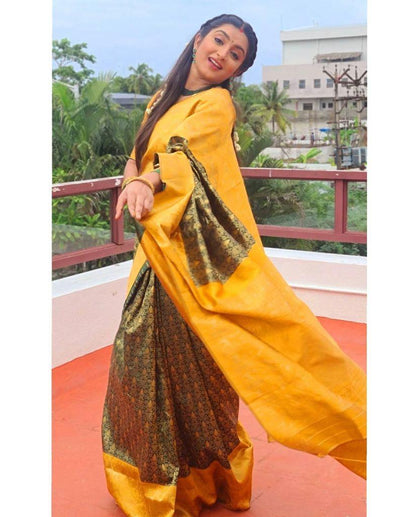 Yellow And Green Colour Soft Silk Saree With Blouse