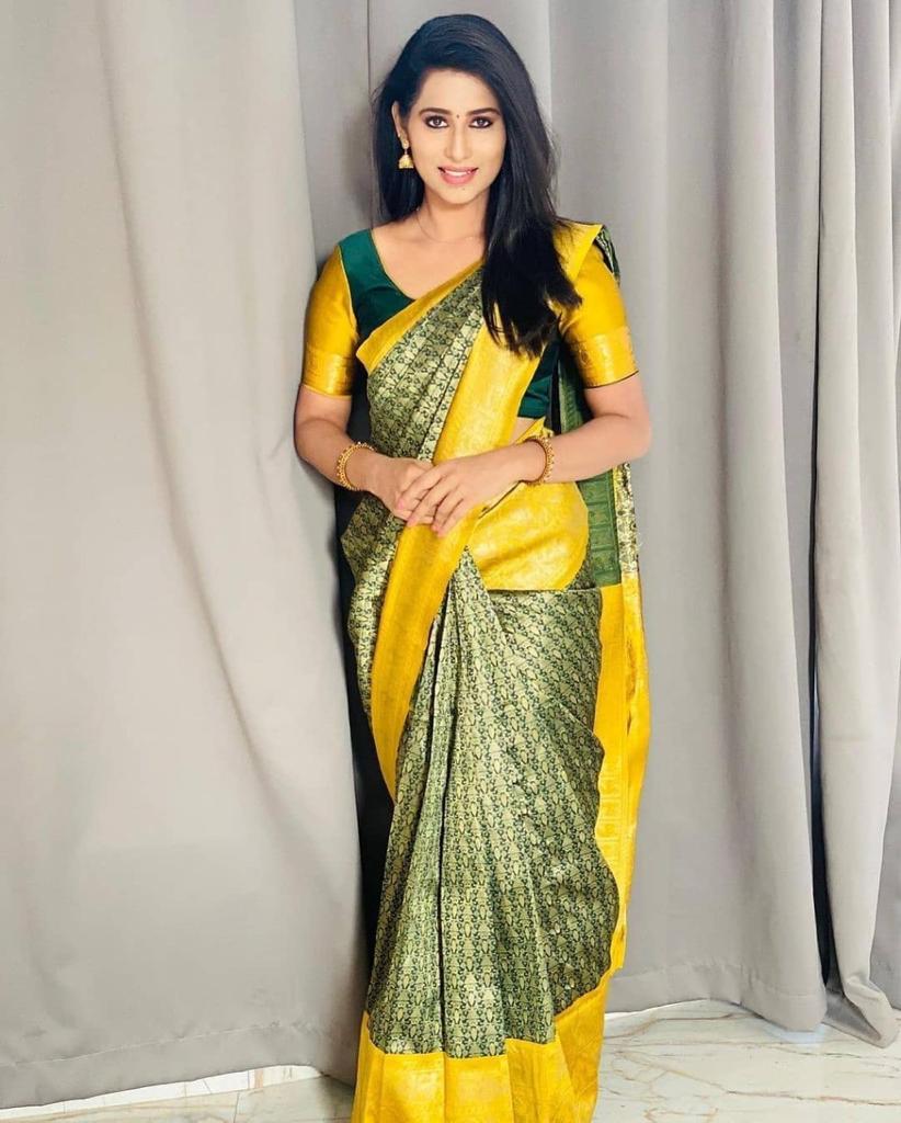 Yellow And Green Colour Soft Silk Saree With Blouse