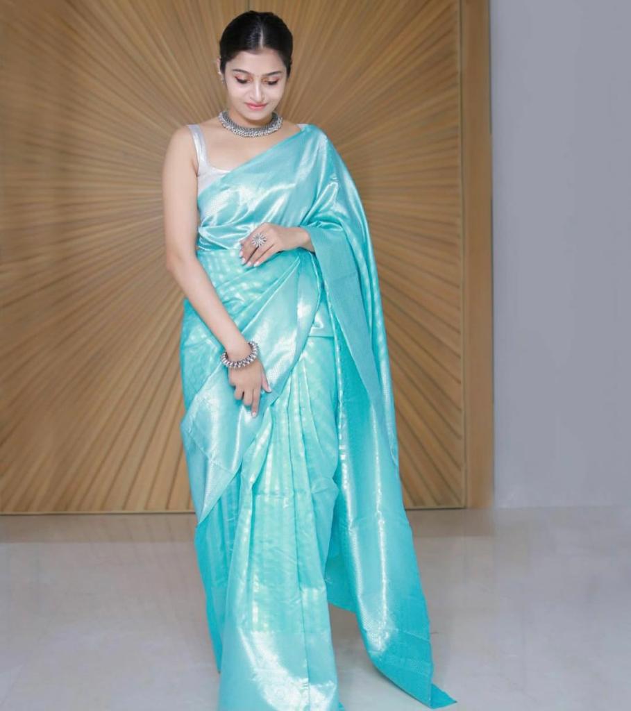 Sky Blue Rich Pallu And Jacquard Work Soft Silk Saree