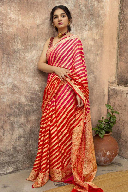 Red Laheriya Design Saree With Blouse