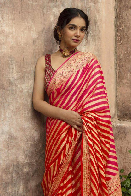 Red Laheriya Design Saree With Blouse