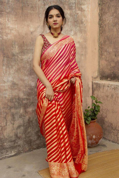 Red Laheriya Design Saree With Blouse