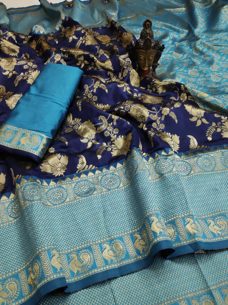 Blue Sky Blue Soft Banarasi Silk Weaving Golden Zari Saree With Blouse