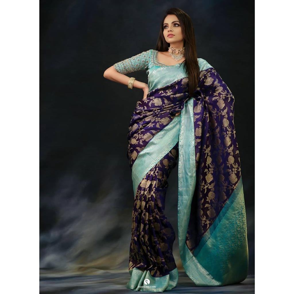 Blue Sky Blue Soft Banarasi Silk Weaving Golden Zari Saree With Blouse