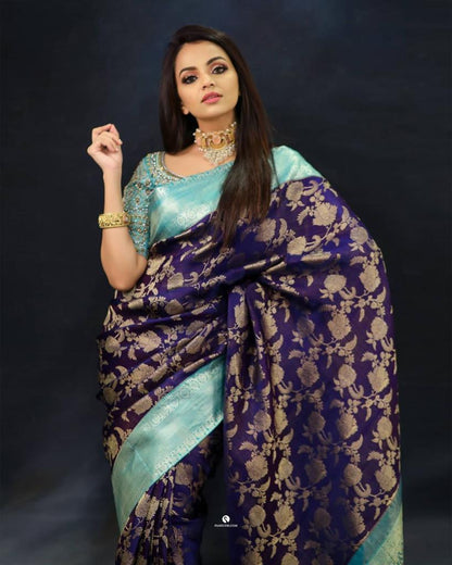 Blue Sky Blue Soft Banarasi Silk Weaving Golden Zari Saree With Blouse