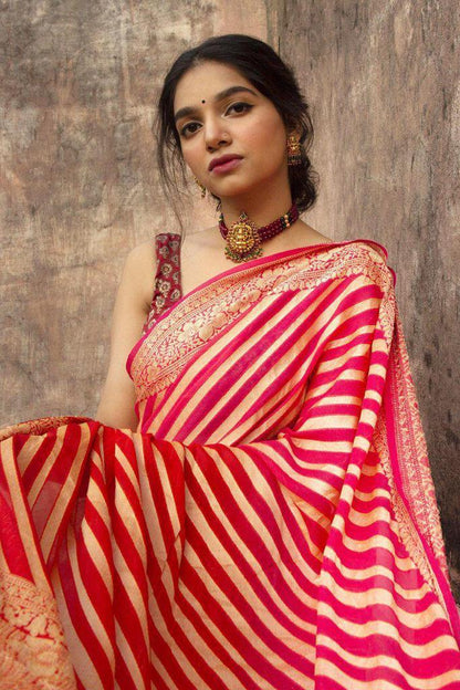 Red Laheriya Design Saree With Blouse