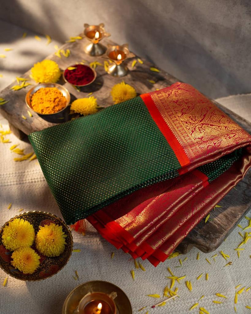 Pure Green Colour Paithani Saree With Maroon Worked Blouse