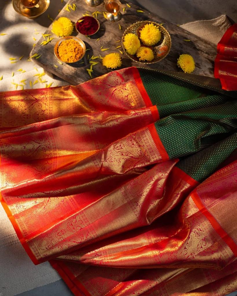 Pure Green Colour Paithani Saree With Maroon Worked Blouse