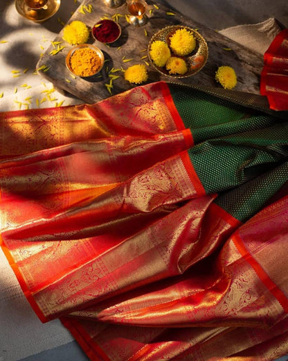 Pure Green Colour Paithani Saree With Maroon Worked Blouse