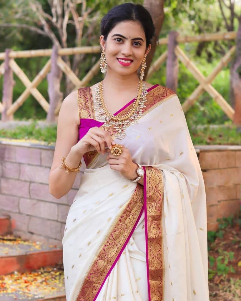 White Border Designer Soft Lichi Silk Saree