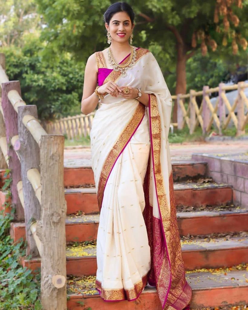 White Border Designer Soft Lichi Silk Saree