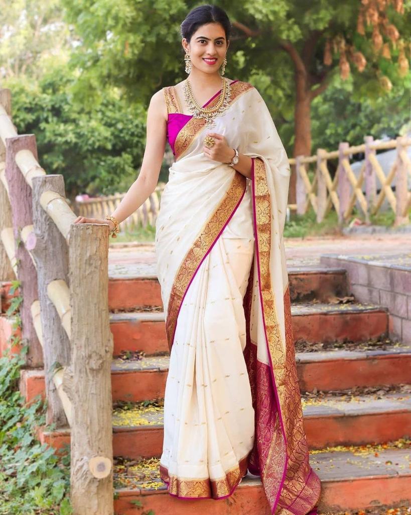 White Border Designer Soft Lichi Silk Saree