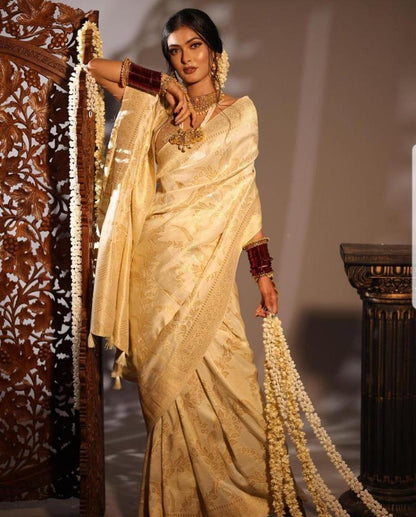 Cream Woven Kanjivaram Wedding Saree With Blouse