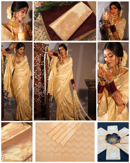 Cream Woven Kanjivaram Wedding Saree With Blouse