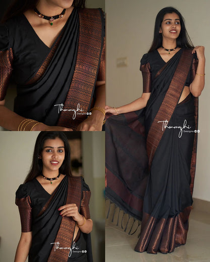 Black Soft Silk Saree Soft Lichi  With Weaving Border