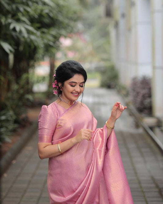 Poetry Pink Tissue Silk Saree With Zari Weaving Work