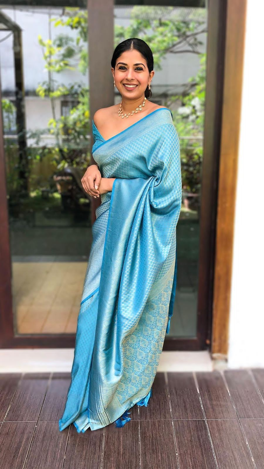 Sky Blue Queen Silk Saree With Attached Blouse