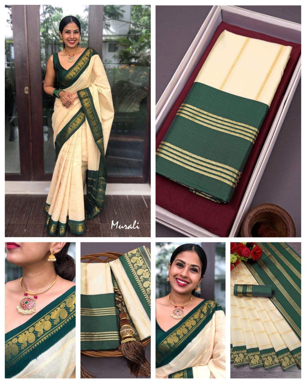 Cream Green Woven Kanjivaram Wedding Saree With Blouse