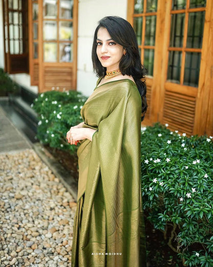 Army Green Linen Saree With Weaving Border