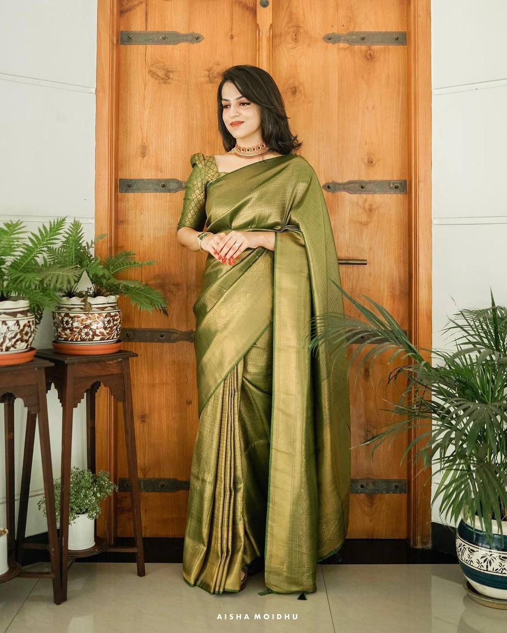 Army Green Linen Saree With Weaving Border