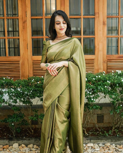 Army Green Linen Saree With Weaving Border