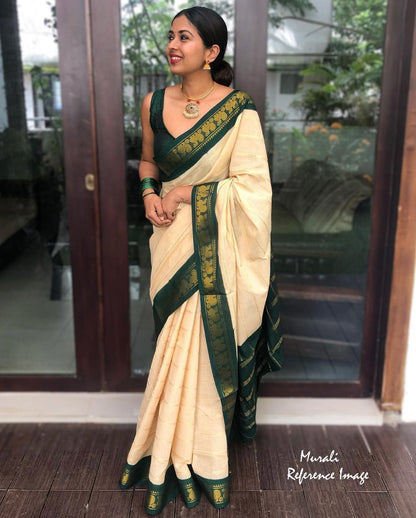 Cream Green Woven Kanjivaram Wedding Saree With Blouse