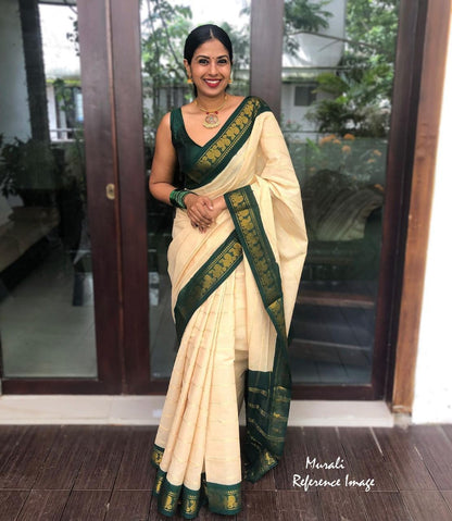 Cream Green Woven Kanjivaram Wedding Saree With Blouse